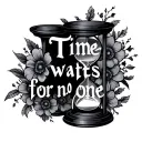 "Time waits for no one" hourglass floral design tattoo design idea
