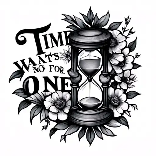 "Time waits for no one" hourglass floral design tattoo design idea