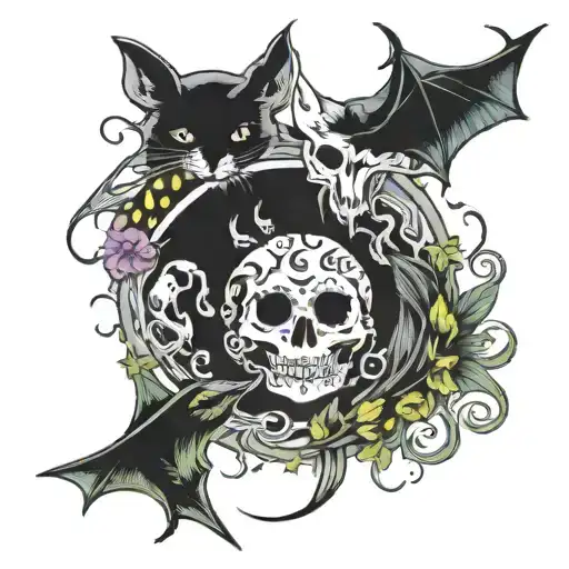 Pisces, skulls, witchcraft, rats, cats, bats tattoo design idea
