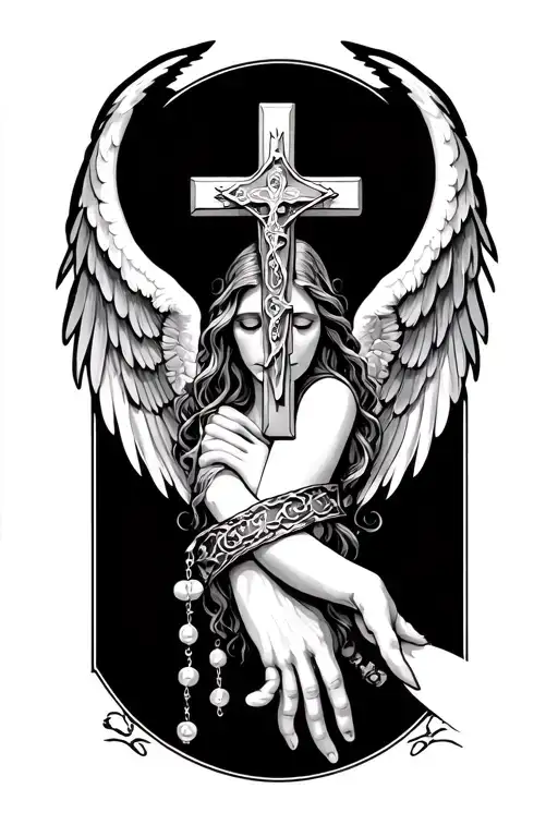 rosary wrapping around forearm, ending with the cross. and a pair of expanded wings (1 angelic, 1 demonic) tattoo design idea