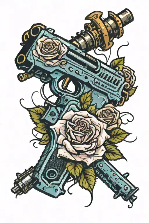 roses and uzi gun tattoo design idea