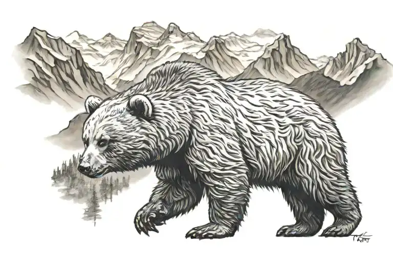 A realistic tattoo drawing of a small bear in Front of the Mountains  tattoo design idea