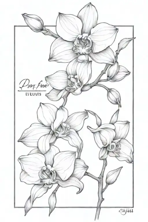 'Por fin estoy feliz, mis días ya no son gris' with dainty orchid flower above tattoo design idea