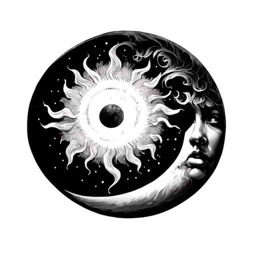 draw me a tattoo sketch. where there will be a sun and a moon with emotions tattoo design idea