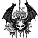 Upsidedown Hanging creepy angry bat with jewelry and flowers tattoo design idea