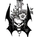Upsidedown Hanging creepy angry bat with jewelry and flowers tattoo design idea