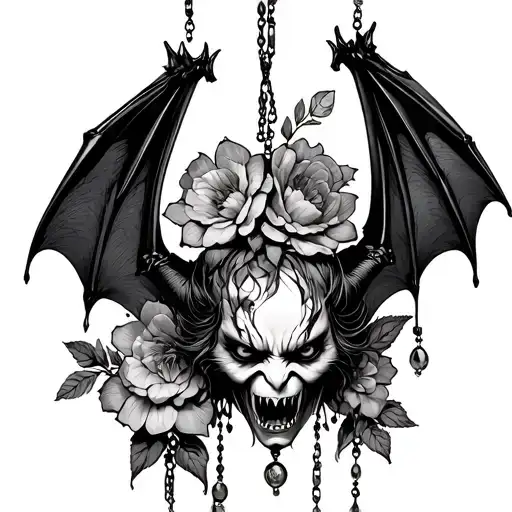 Upsidedown Hanging creepy angry bat with jewelry and flowers tattoo design idea