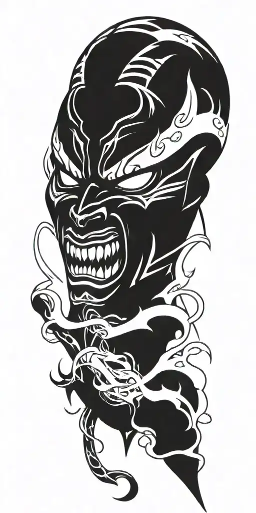 male anime character  oni mask fighting off inner demons  tattoo design idea