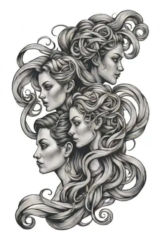 gemini sisters hair tangled together tattoo design idea