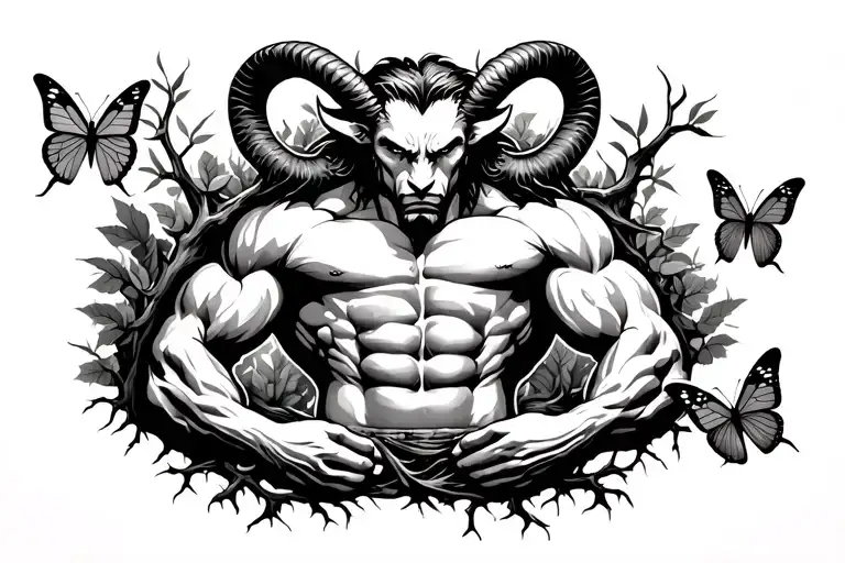muscular male nature satyr heavyset bodybuilder muscles, vines and tree roots, nature forest grove butterflies tattoo design idea