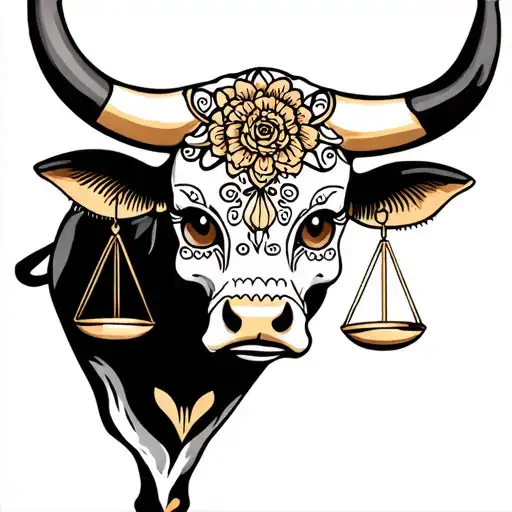 feminine bull with sugar skull markings, brown eyes and 2 Libra scales and dark background tattoo design idea