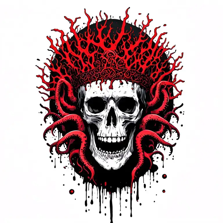 King Of Bones With A Coral Crown, Hades 2 Style, Eldritch, Tentacles, Lovecraftian, Deep Sea background  tattoo design idea