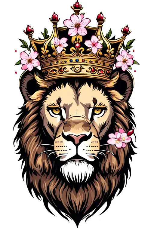 CROWNED LION HEAD WITH CHERRY BLOSSOM tattoo design idea