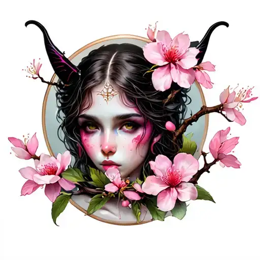 succubus womb tatto with hourglass and sakura flower branch tattoo design idea