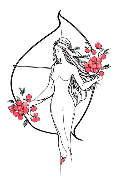 Cherry flowers and female silhouette with long hair, without showing the face and body, holding bow and arrow tattoo design idea