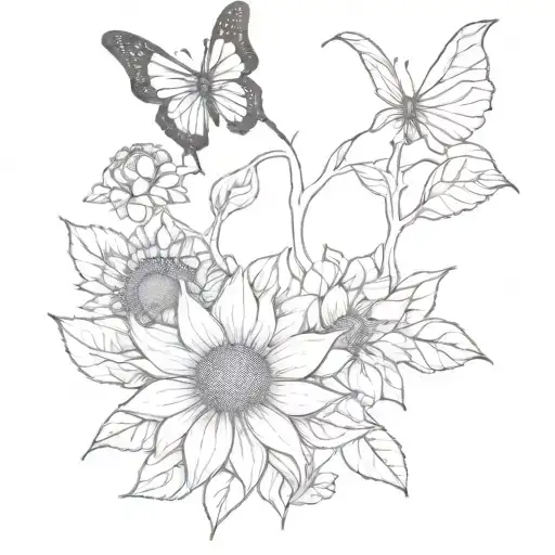 Butterfly Morpho and sunflowers growing tattoo design idea