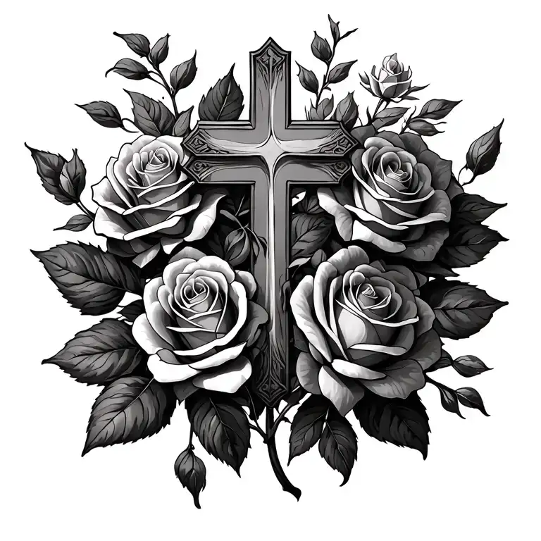 cross and roses growing tattoo design idea