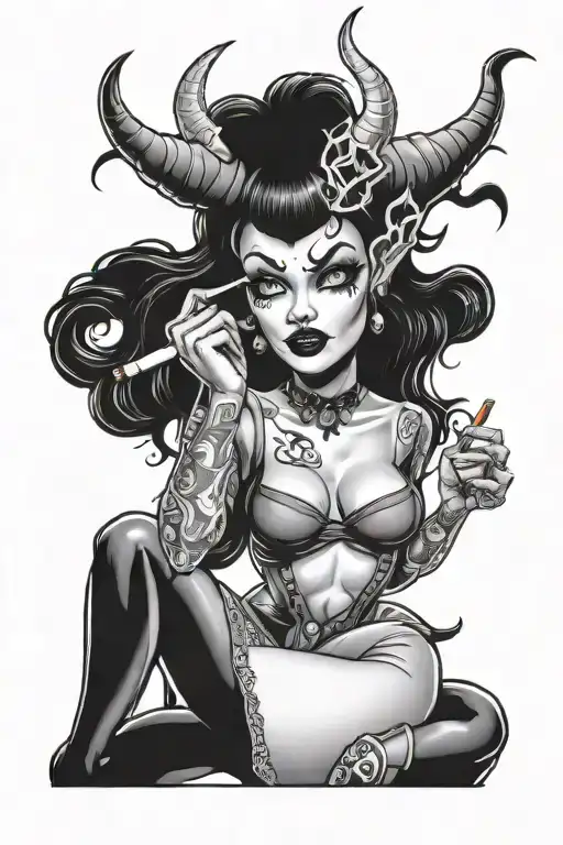goth succubus pin up girl smoking a cigarette tattoo design idea