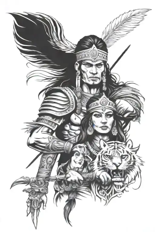 Indian warrior holding a princess surrounded tattoo design idea