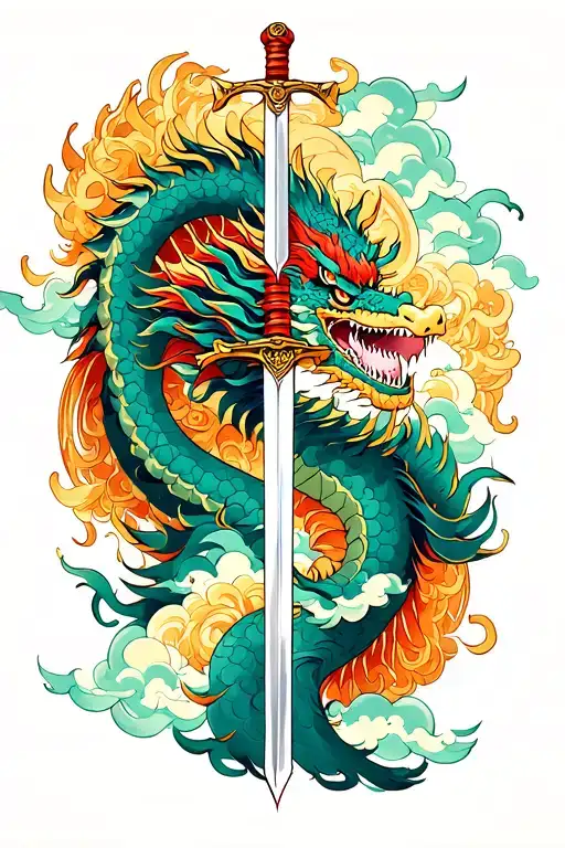 dragon warrior sword clouds inside tattoo design idea