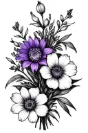Violet, Primrose, gladiolus and aster flower bouquet tattoo design idea