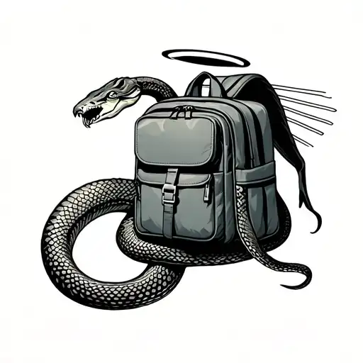 snake with halo slithering around backpack tattoo design idea