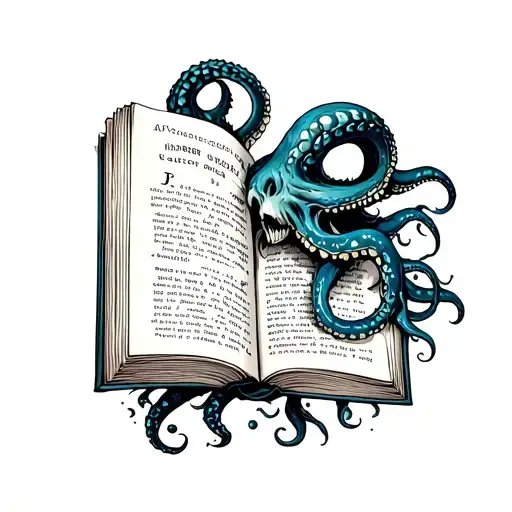 A book with eerie tentacles coming out of it, symbolizing horror literature tattoo design idea
