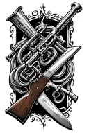 Hunting rifle and butcher knife with trumpet tattoo design idea