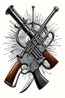 Hunting rifle and butcher knife with trumpet tattoo design idea