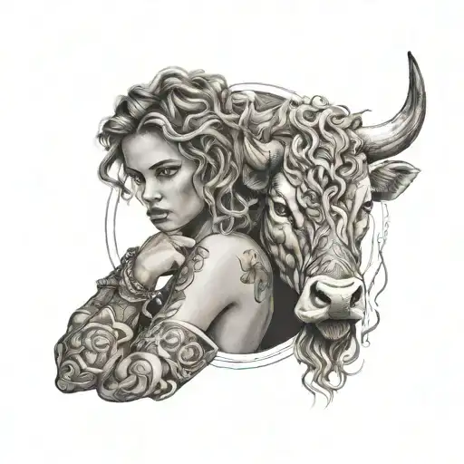 dominating girl with wavy hair holding a taurus bull tattoo design idea