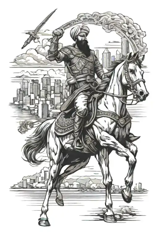 realism sikh warrior with sword on a horse with skyline of vancouver in background tattoo design idea