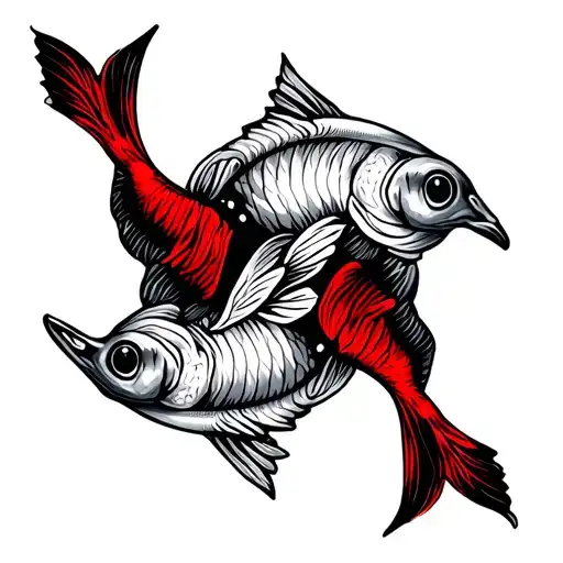 pisces signs with 2 fish black and red  tattoo design idea