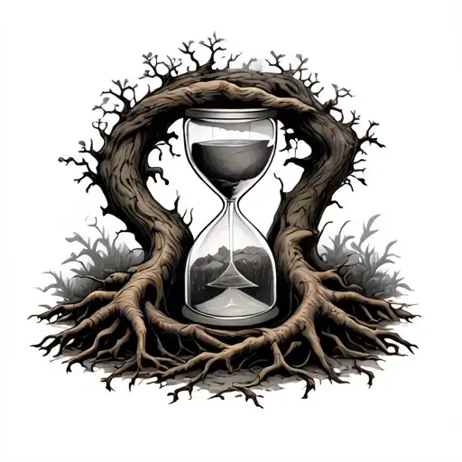 hourglass with tree roots wrapped tattoo design idea