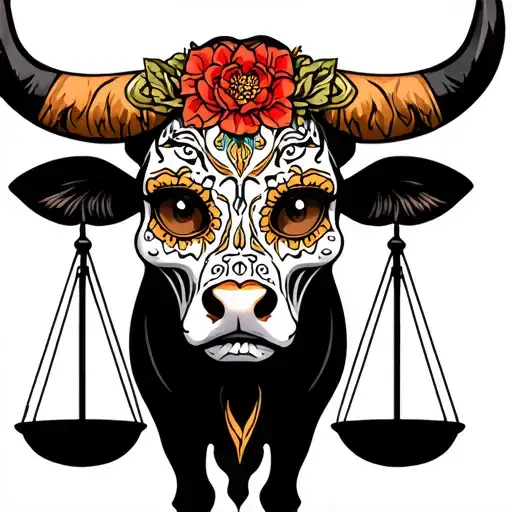 feminine bull with sugar skull markings, brown eyes and two Libra scales and dark background tattoo design idea