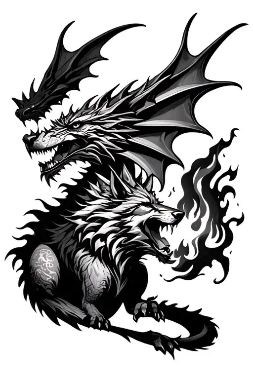 welsh dragon breathing fire towards a wolf howling  tattoo design idea