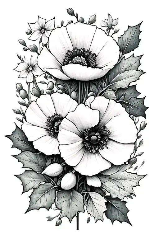 fineline flowers intertwined (snowdrop, poppy and holly) tattoo design idea