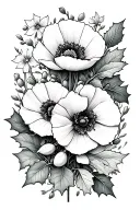 fineline flowers intertwined (snowdrop, poppy and holly) tattoo design idea