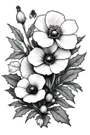 fineline flowers intertwined (snowdrop, poppy and holly) tattoo design idea