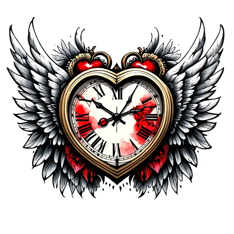 "Mélanie" heart clock wing tattoo design idea
