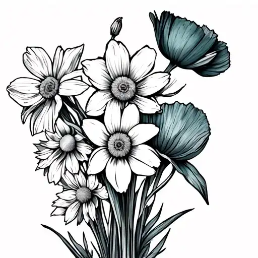 a narcissus , a poppy, a chrsynthenum and a daisy. very fine line in a bouquet and simple , no shading tattoo design idea