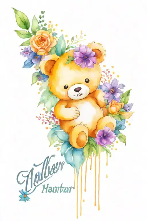 Name and date of birth flowers surroundin teddy bear tattoo design idea