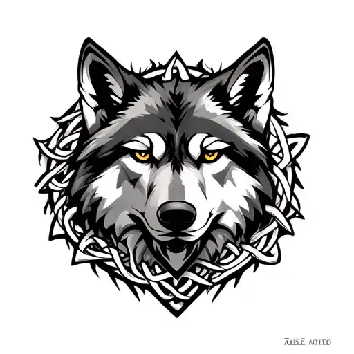 wolf head with celtic shield knot intertwined tattoo design idea