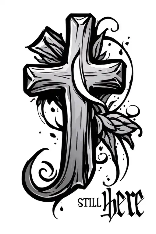 cross still here in cursive tattoo design idea