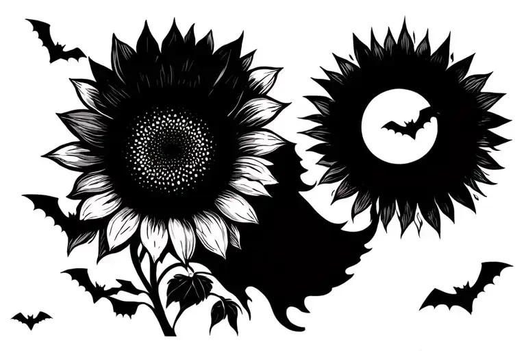 half of sunflower ,other half shadowed with bats flying out of the shadows and up to the moon tattoo design idea