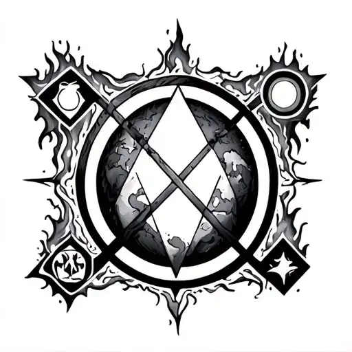 The alchemical symbol for the philosopher's stone (circle, triangle, square, circle). With fire, water, earth, air tattoo design idea