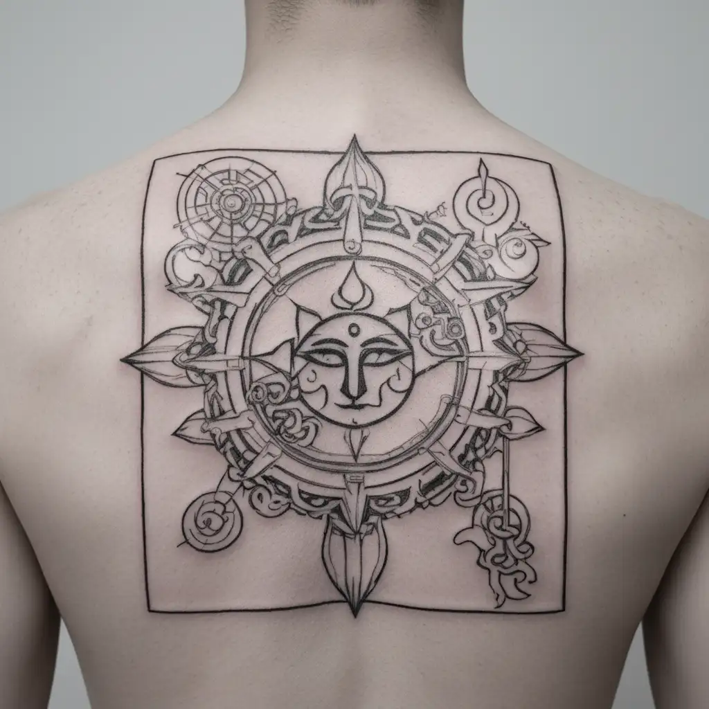 god Shiv's symbols such as ohm, Trishul, and third eye with karma chakra. also add one Sanskrit manta  tattoo design idea