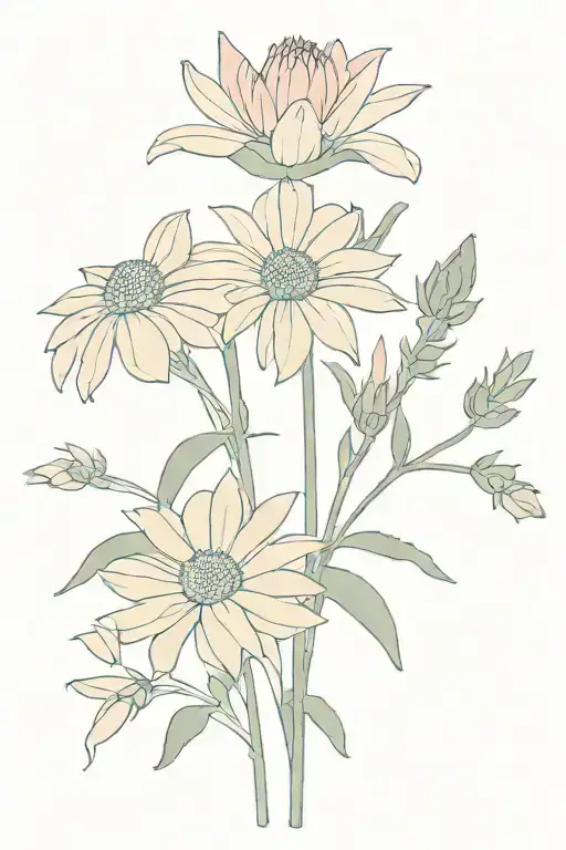 minimalistic bouquet of flowers (pink coneflower, cornflower, sunflower, lavender) in colour tattoo design idea