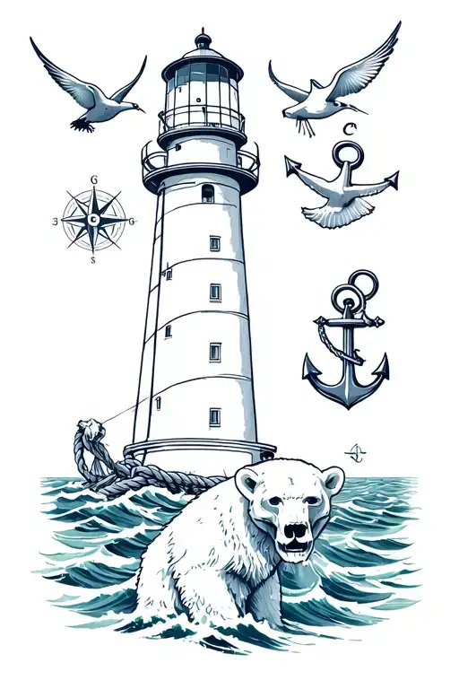 nautical tattoo with lighthouse stormy sea compass anchor rope 2 swallows and a polar bear skullfacing to the right tattoo design idea