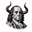 benjamin franklin from the 100 hundred dollar bill evil with devil horns dras x on his eyes and with lucifer typed under tattoo design idea