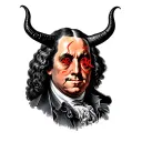 benjamin franklin from the 100 hundred dollar bill evil with devil horns dras x on his eyes and with lucifer typed under tattoo design idea